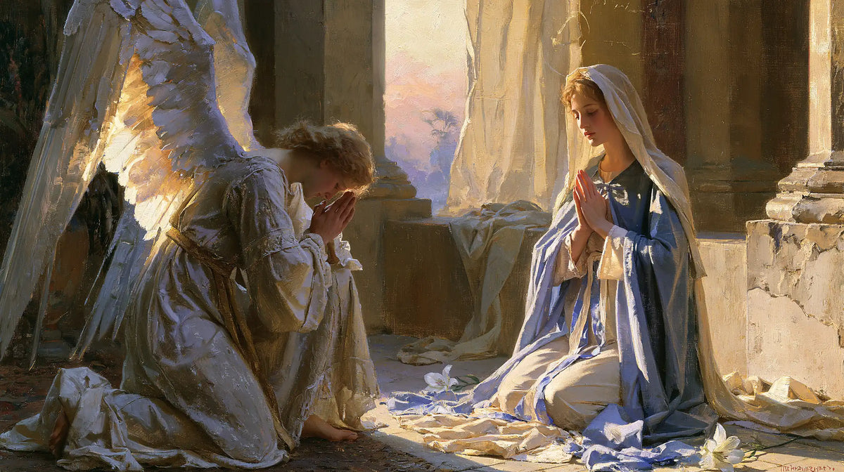 the Annunciation at dawn in The Annunciation at Dawn style, landscape Christian artwork no. 5