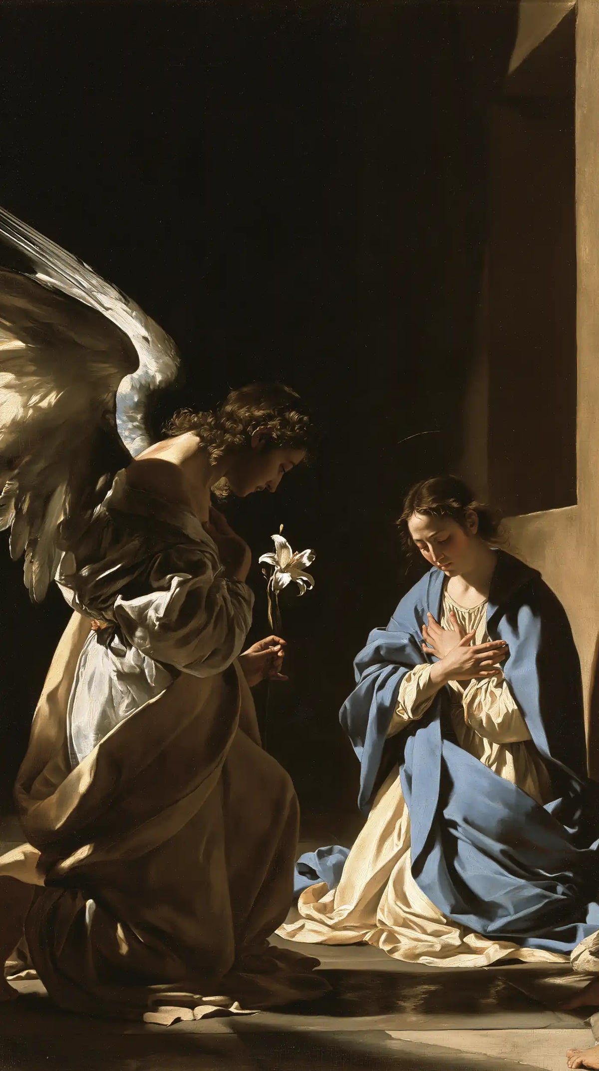 the Annunciation in dramatic chiaroscuro in Caravaggio Tenebrism style, portrait Christian artwork no. 1