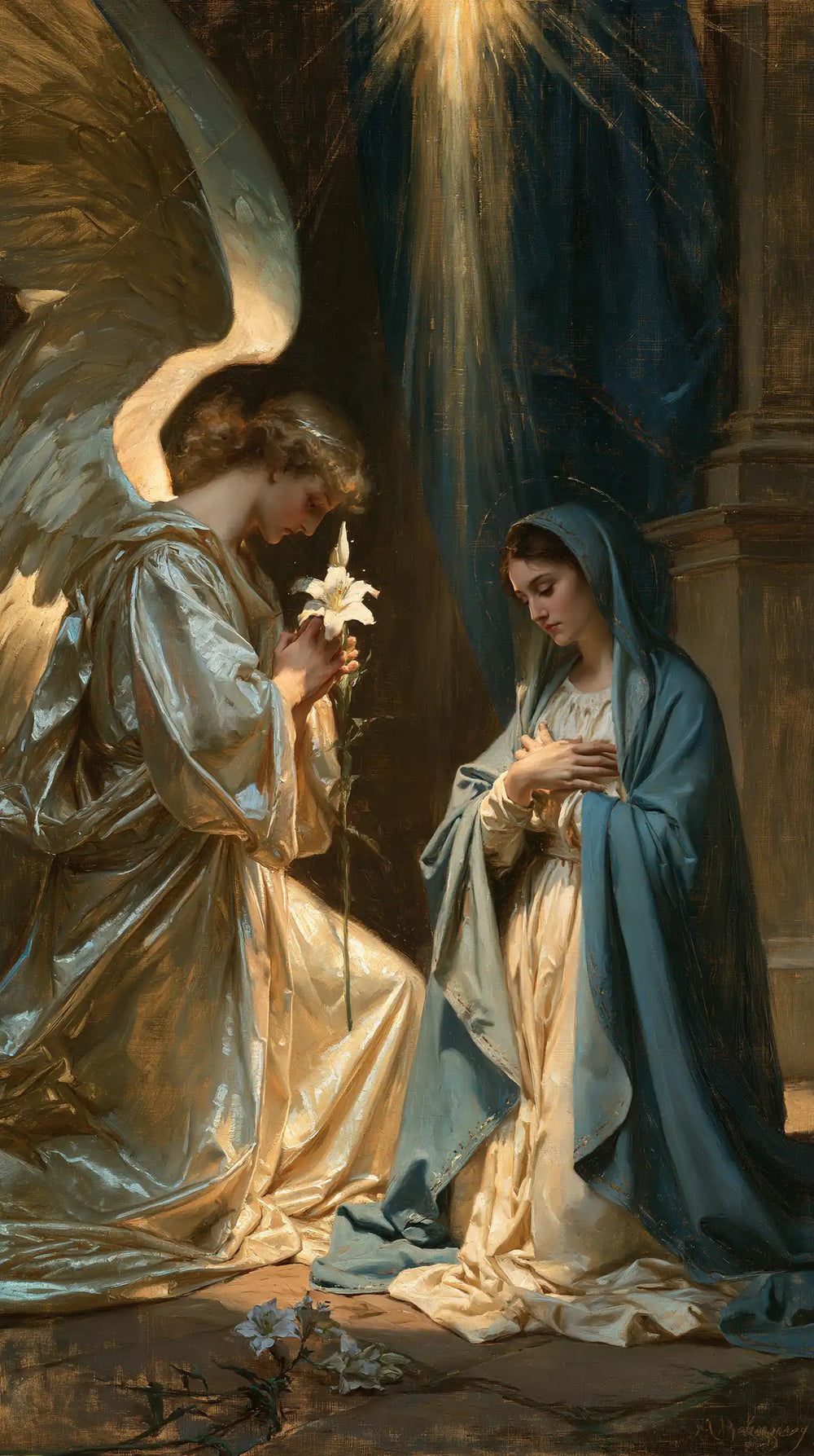 a celestial Annunciation in blue, ivory and gold in Celestial Annunciation in Blue, Ivory and Gold style, portrait Christian artwork no. 3