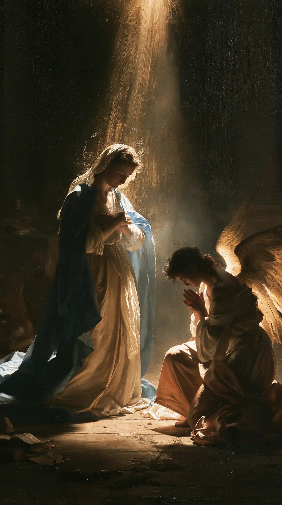 divine light descending upon Mary at the Annunciation in Divine Light Descending upon Mary style, portrait Christian artwork no. 9