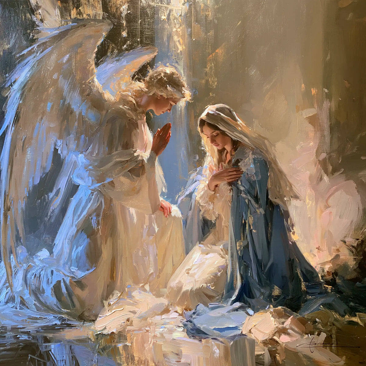 the Annunciation in an impressionist atmosphere in Impressionist style, square Christian artwork no. 12