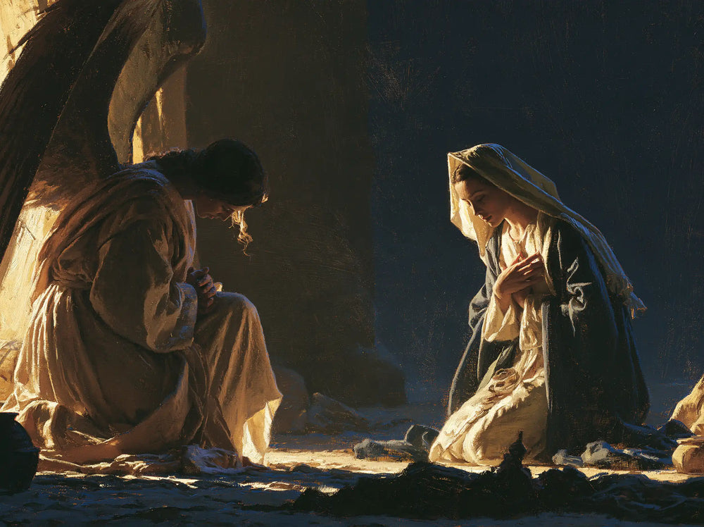 the Annunciation in midnight-blue chiaroscuro in Midnight Blue Chiaroscuro style, landscape Christian artwork no. 9