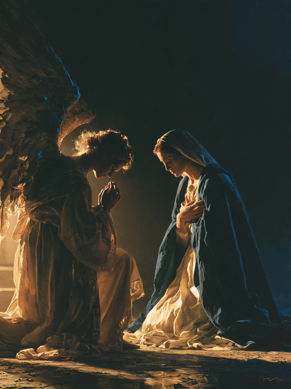 the Annunciation in midnight-blue chiaroscuro in Midnight Blue Chiaroscuro style, portrait Christian artwork no. 19