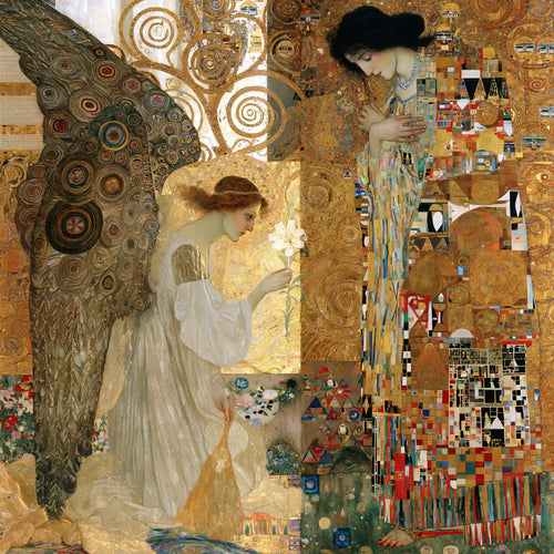 Pale-winged Gabriel bowing before Mary beneath olive and gold circular ornament in a Vienna Secession Annunciation square
