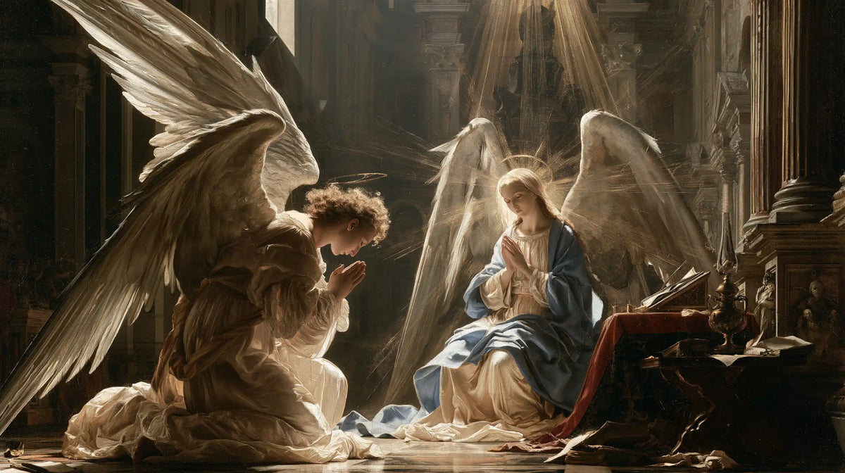 the Annunciation in a monumental sacred view in Sacred Monumental View style, landscape Christian artwork no. 9