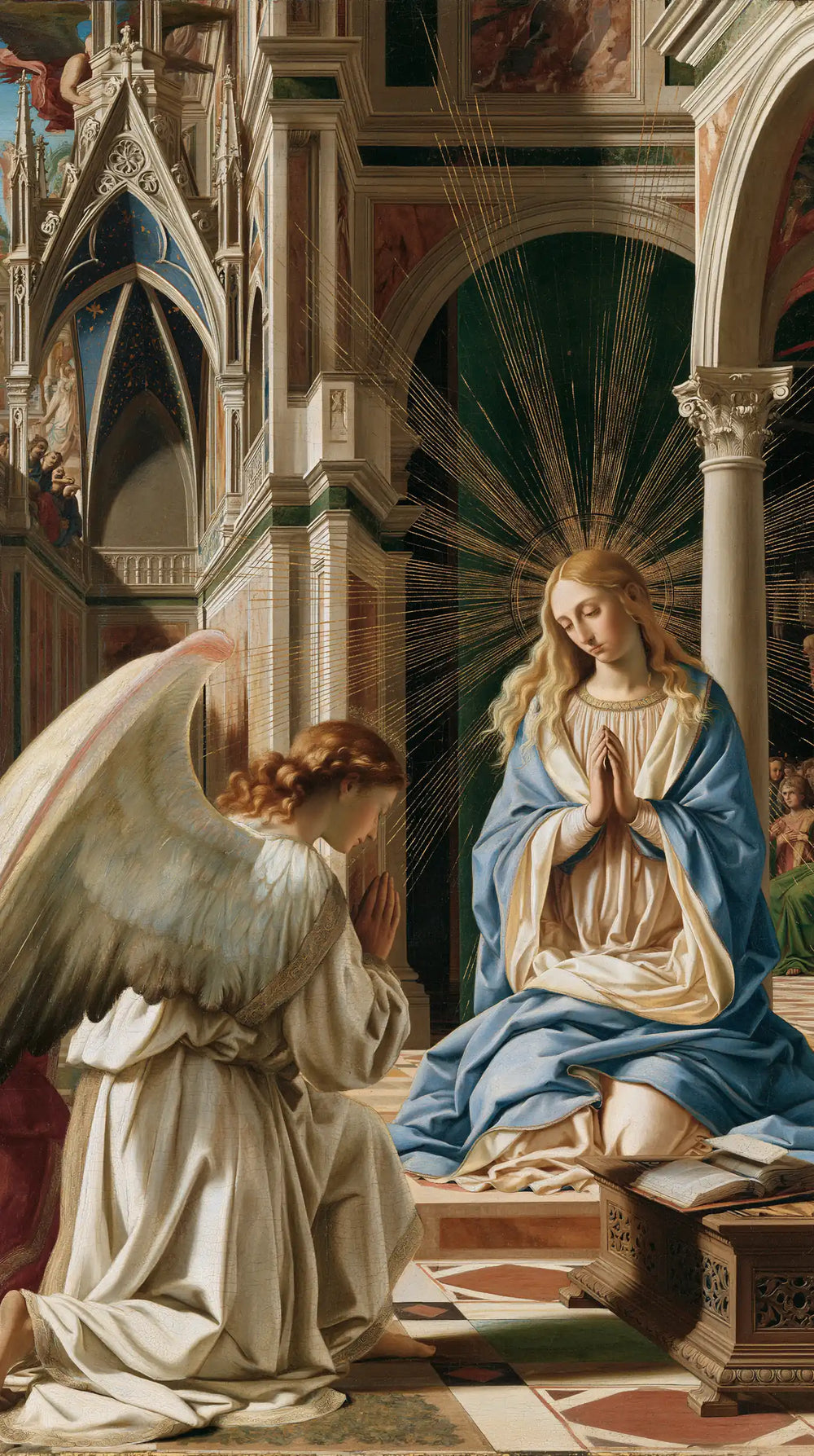 the Annunciation in a monumental sacred view in Sacred Monumental View style, portrait Christian artwork no. 9
