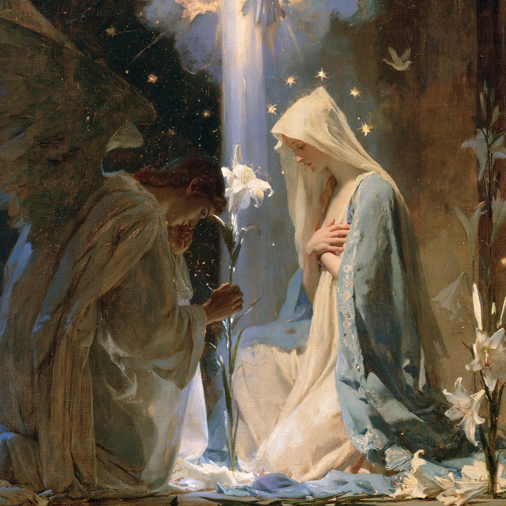 the Annunciation in a symbolist composition in Symbolist style, square Christian artwork no. 4