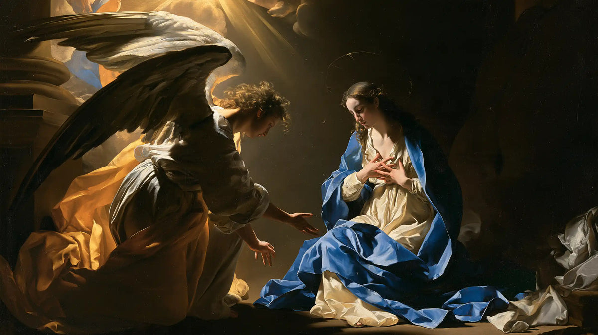 the Annunciation in a theatrical Baroque scene in Theatrical Baroque style, landscape Christian artwork no. 18