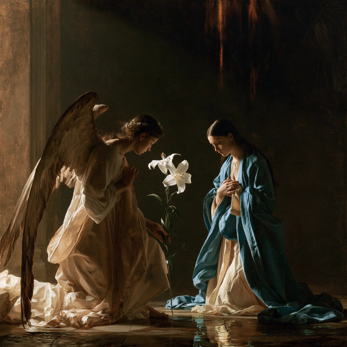 the Annunciation with the white lily as a central symbol in The White Lily as Symbol style, square Christian artwork no. 1