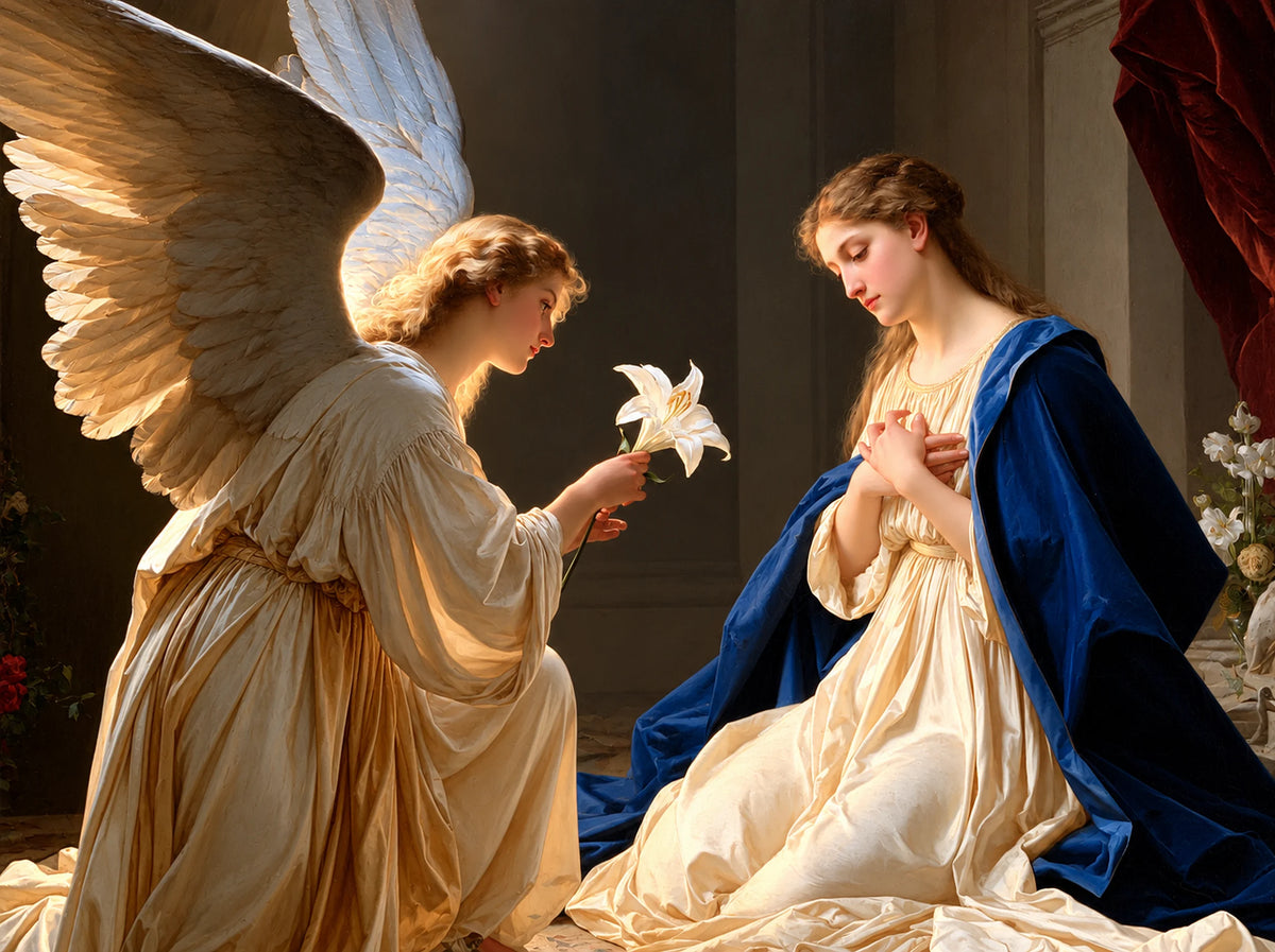 Annunciation with Lilies and Holy Light – Theatrical Baroque · Landscape