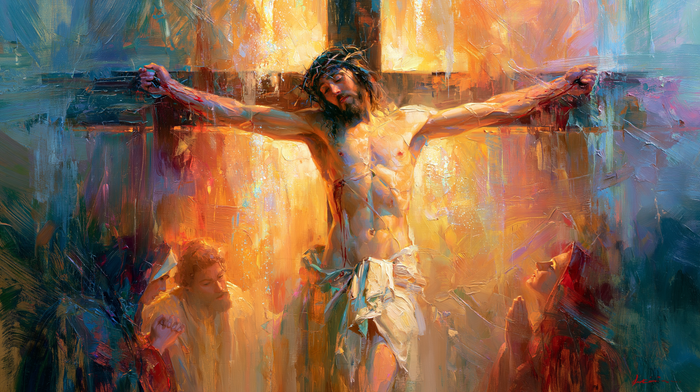 La Crucifixion — Les Bras ouverts dans l’or pastel