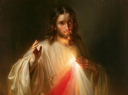 a devotional portrait of Divine Mercy Jesus in Devotional Portrait style, landscape Christian artwork no. 1