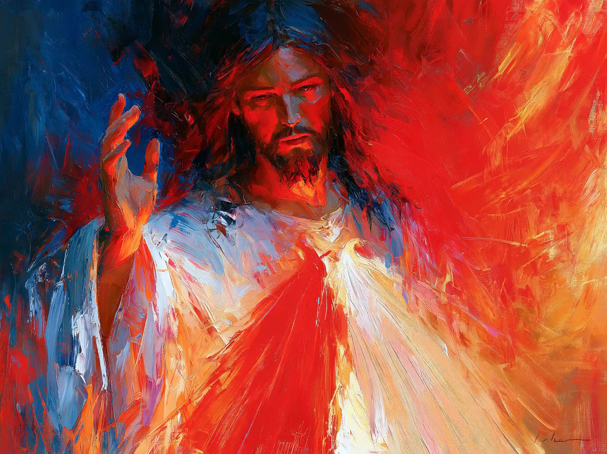 Jesus as Divine Mercy with red and pale rays, expressionist landscape Christian artwork