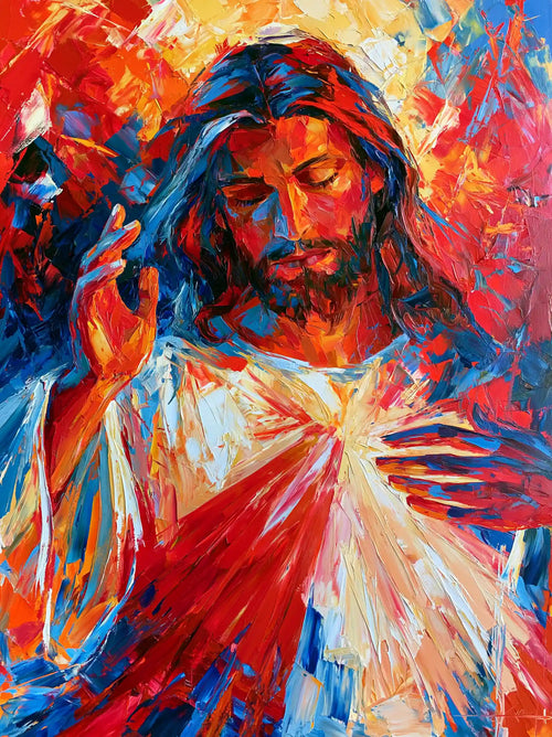 Jesus as Divine Mercy with red and pale rays, expressionist portrait Christian artwork