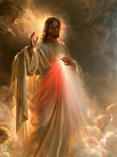 the glory of Divine Mercy Jesus in Glory of the Merciful Christ style, portrait Christian artwork no. 7
