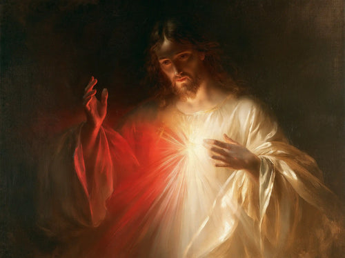 Divine Mercy Jesus as a source of sacred light in Jesus as Divine Light style, landscape Christian artwork no. 1