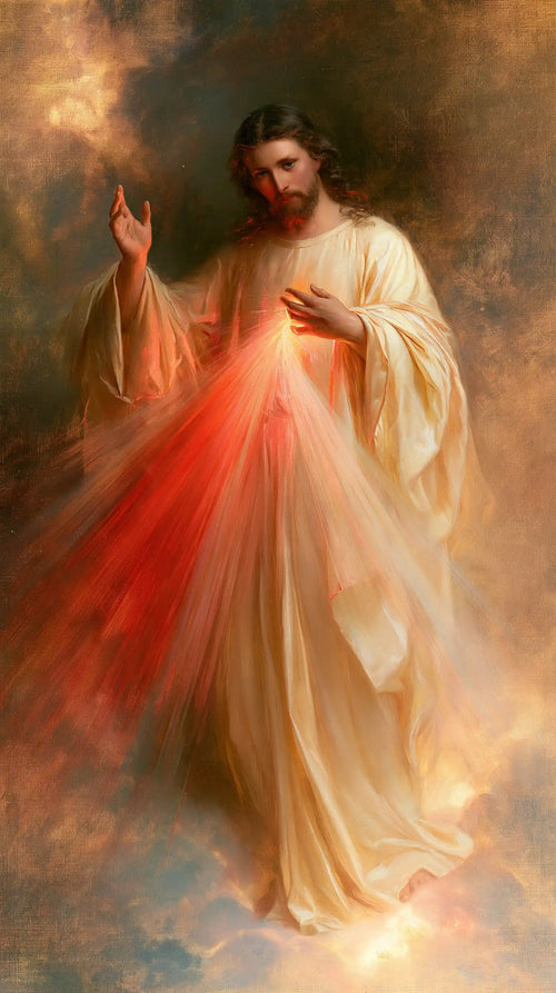 Divine Mercy Jesus appearing upon the clouds in Jesus upon the Clouds style, portrait Christian artwork no. 2