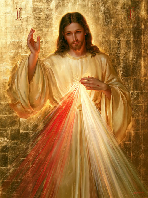 Divine Mercy Jesus in radiant golden light in Sacred Gold style, portrait Christian artwork no. 8
