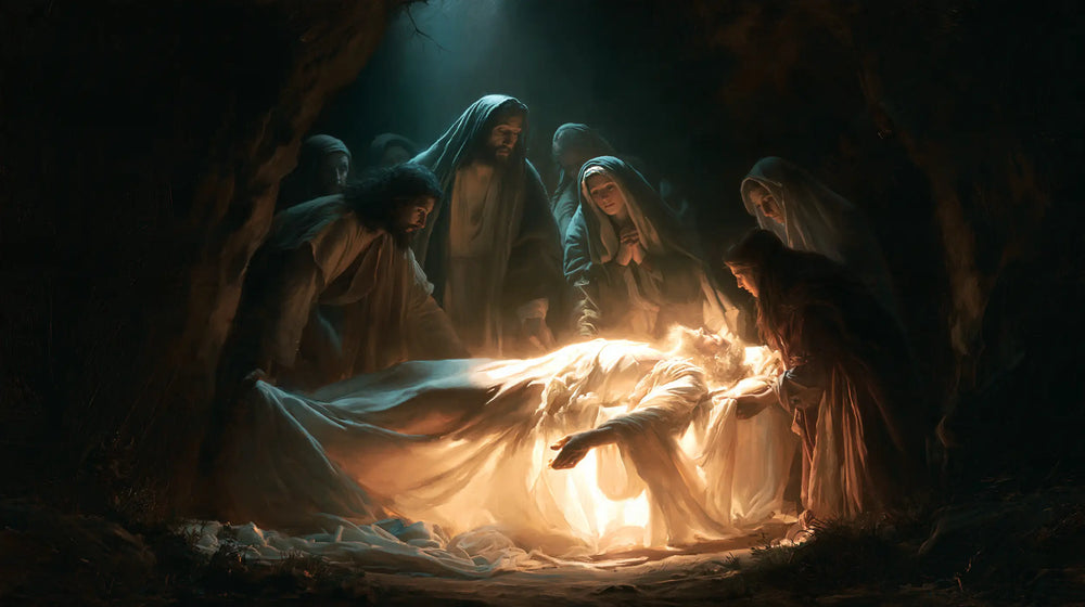 Entombment of Jesus Christ in Divine Light style, landscape Christian artwork no. 11