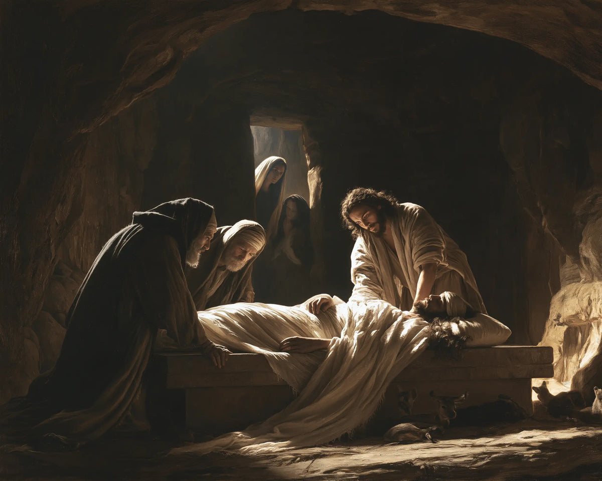 Entombment of Jesus Christ in Inside the Tomb style, landscape Christian artwork no. 2