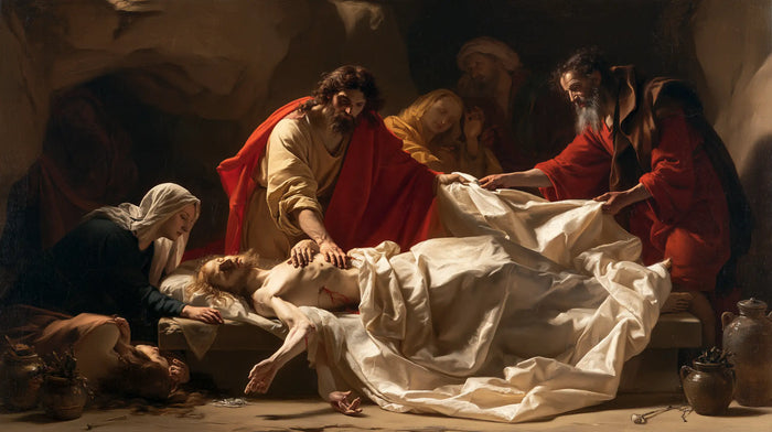La Mise au tombeau du Christ — Les Manteaux rouges et le drap ouvert