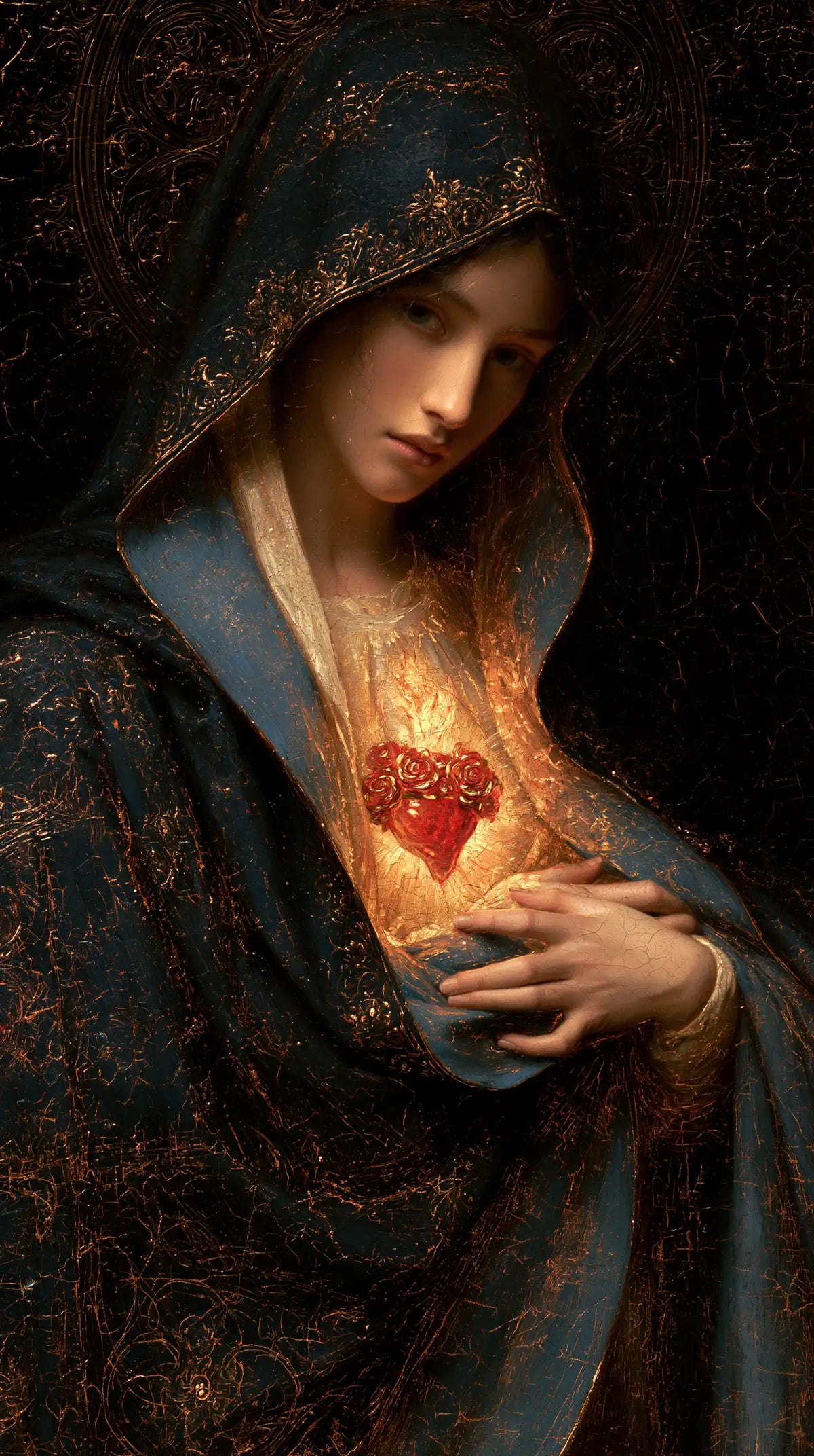 the Immaculate Heart of Mary in black and gold in Black and Gold style, portrait Christian artwork no. 5
