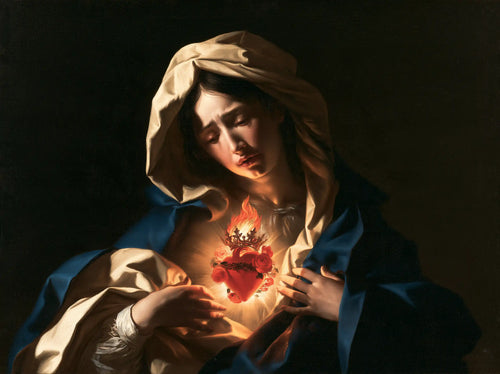 the Immaculate Heart of Mary in dramatic chiaroscuro in Caravaggio Tenebrism style, landscape Christian artwork no. 2