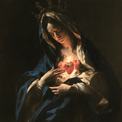 the Immaculate Heart of Mary in dramatic chiaroscuro in Caravaggio Tenebrism style, square Christian artwork no. 9