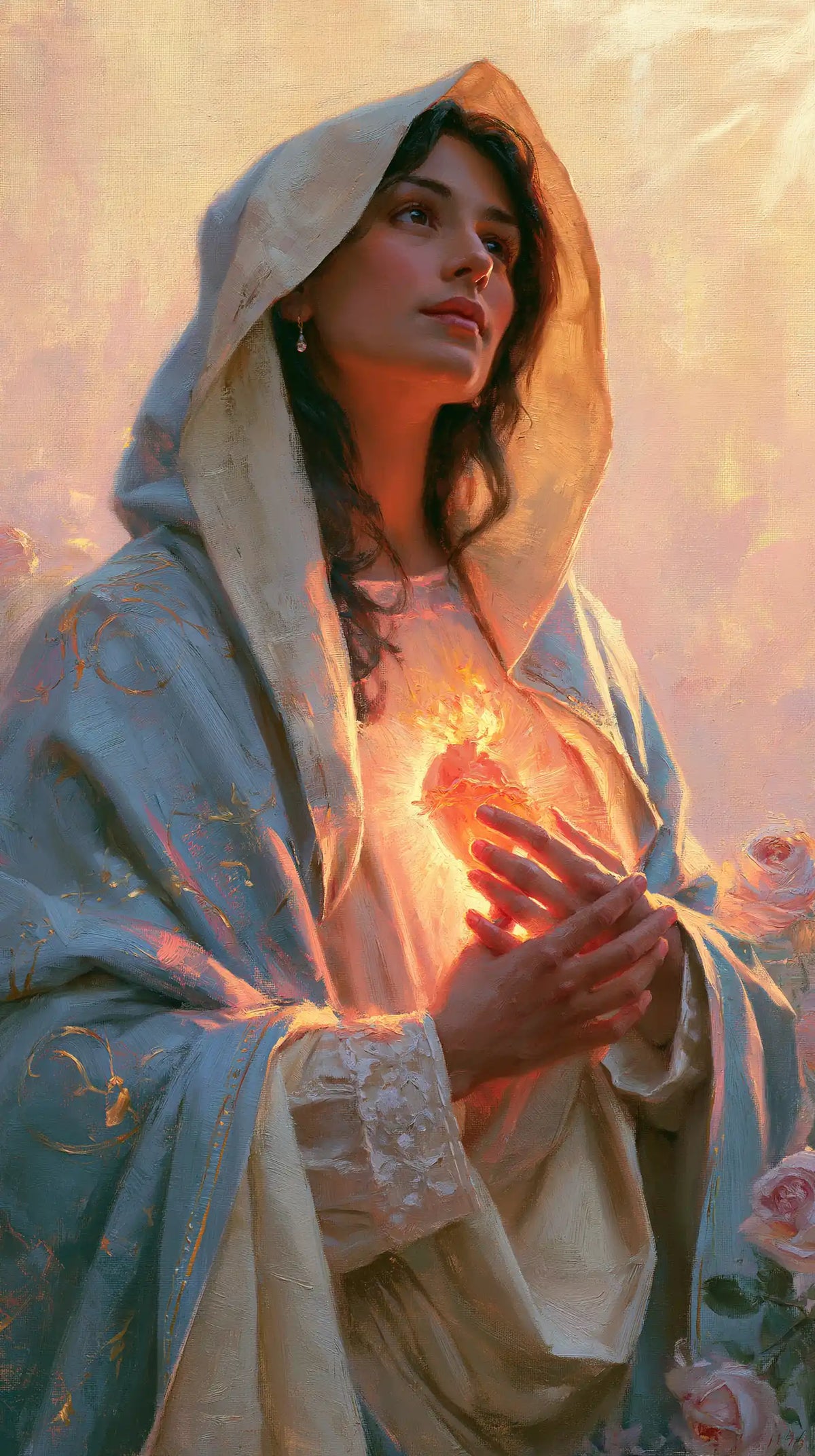 the Immaculate Heart of Mary at dawn in The Immaculate Heart at Dawn style, portrait Christian artwork no. 7