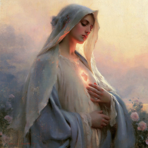 the Immaculate Heart of Mary at dawn in The Immaculate Heart at Dawn style, square Christian artwork no. 8