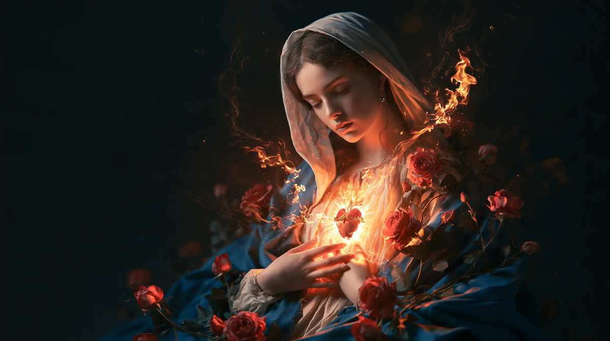 Mary and her Immaculate Heart surrounded by divine light in Mary as Divine Light style, landscape Christian artwork no. 11