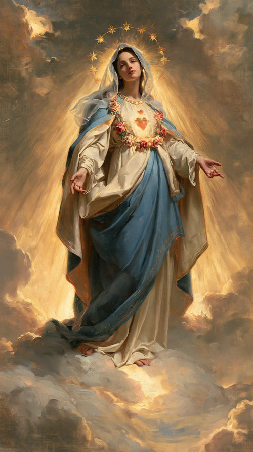 Mary upon the clouds with her Immaculate Heart in Mary upon the Clouds with the Immaculate Heart style, portrait Christian artwork no. 4