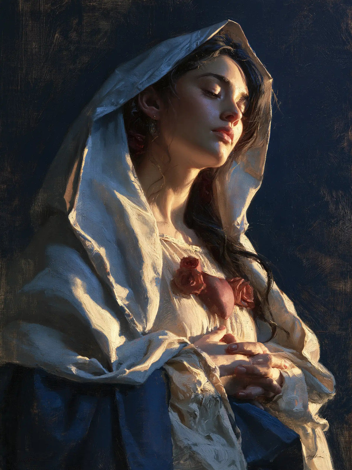 the Immaculate Heart of Mary in midnight-blue chiaroscuro in Midnight Blue Chiaroscuro style, portrait Christian artwork no. 12