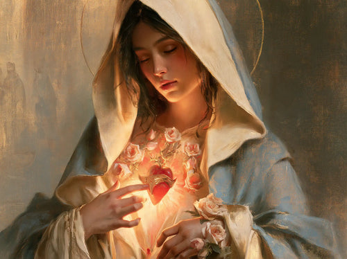 Mary with her Immaculate Heart in sacred maternal tenderness in Sacred Maternal Tenderness style, landscape Christian artwork no. 2