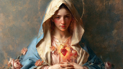 Mary with her Immaculate Heart in sacred maternal tenderness in Sacred Maternal Tenderness style, landscape Christian artwork no. 13