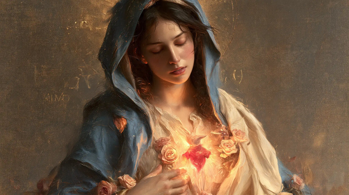Mary with her Immaculate Heart in sacred maternal tenderness in Sacred Maternal Tenderness style, landscape Christian artwork no. 14
