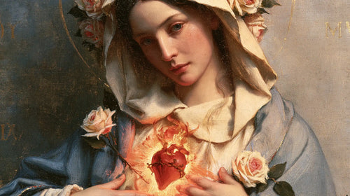 Mary with her Immaculate Heart in sacred maternal tenderness in Sacred Maternal Tenderness style, landscape Christian artwork no. 18