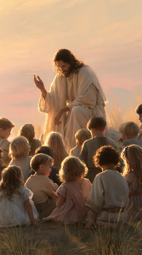 Jesus and the children gathered at dawn in Jesus and the Children at Dawn style, portrait Christian artwork no. 2