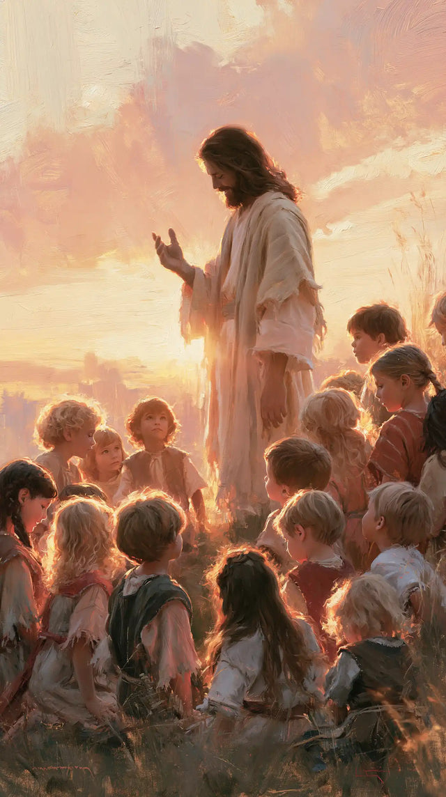 Jésus et les enfants — La Présence debout sous le ciel rose