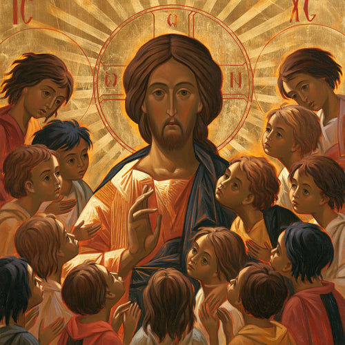 Jesus and the children in a contemporary Byzantine icon in Contemporary Byzantine style, square Christian artwork no. 5