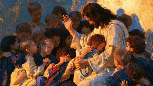 Jesus surrounded by children in an expressionist composition in Expressionist style, landscape Christian artwork no. 7
