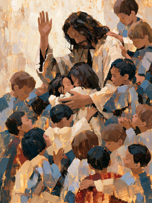 Jesus surrounded by children in an expressionist composition in Expressionist style, portrait Christian artwork no. 10