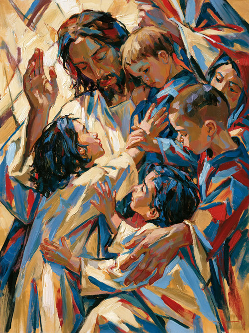 Jesus surrounded by children in an expressionist composition in Expressionist style, portrait Christian artwork no. 16