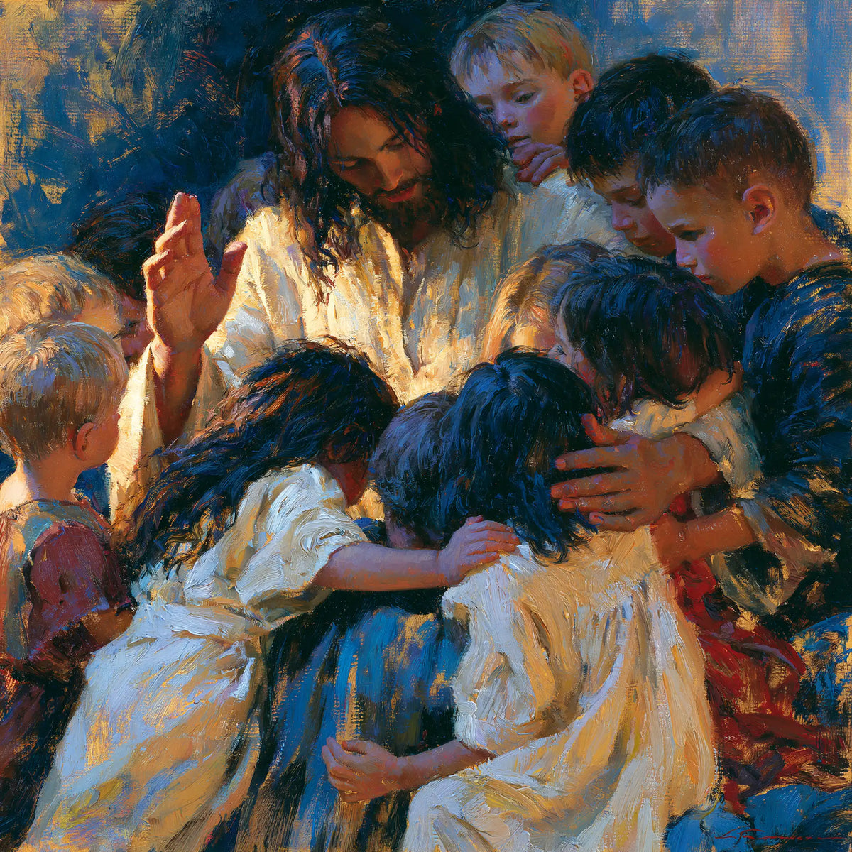 Jésus et les enfants — La Paix dans les plis bleus et blancs