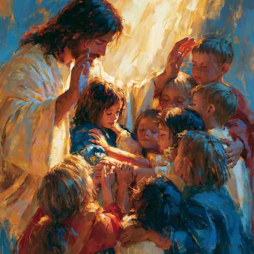 Jesus surrounded by children in an expressionist composition in Expressionist style, square Christian artwork no. 6