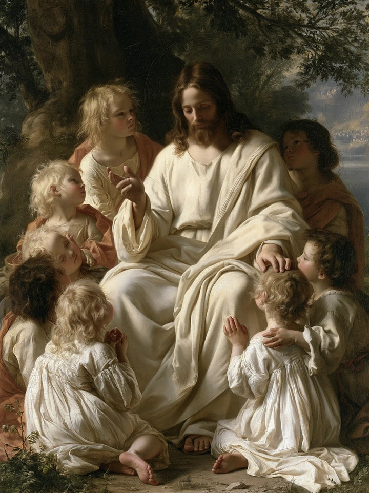 Jésus et les enfants — Le Blanc paisible dans le jardin ombragé