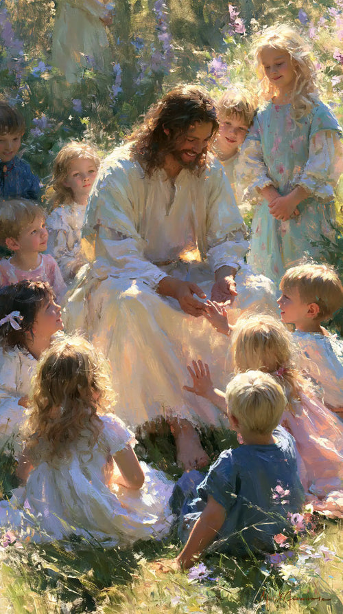 Jesus with children in an impressionist atmosphere in Impressionist style, portrait Christian artwork no. 3