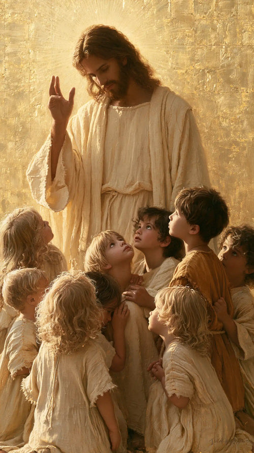 Jesus welcoming children in radiant golden light in Sacred Gold style, portrait Christian artwork no. 7