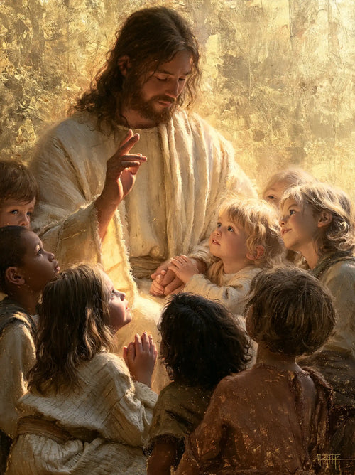 Jesus welcoming children in radiant golden light in Sacred Gold style, portrait Christian artwork no. 15