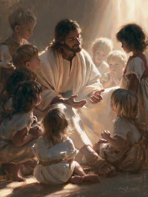 Jesus with children in a meditation on sacred innocence in Innocence as a Sacred Symbol style, portrait Christian artwork no. 14